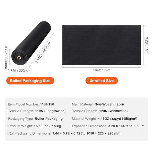 VEVOR Driveway Fabric, 3.28x164FT Non Woven Geotextile Fabric for Landscaping, Heavy Duty Garden Weed Barrier Fabric, 4.43OZ Landscape Fabric, French Drains Drainage Fabric, Ground Cover Weed Control