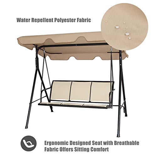 COSTWAY 3 Seater Garden Swing Chair, Outdoor Indoor Canopy Powder Coated Steel Cushioned Seaters, Patio Metal Hammock Swinging Bench Lounger Seat, 240KG (Brown)