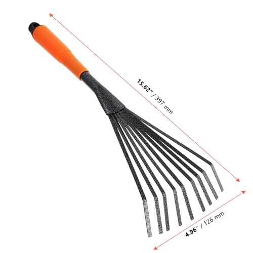 SINJEUN 4 PCS Mini Garden Rakes, 9 Claws A3 Steel Hand Leaf Rakes with Orange Black Handle, Fallen Leaves Rakes for Gardening