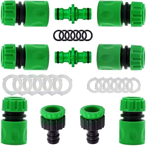 10Pack Garden Pipe Fittings Kit for Outdoor Tap - 2 Double Male & 6 Quick Snap Connectors, 2 Hose Tap Connectors (1/2'' & 3/4'' Size 2-in-1)