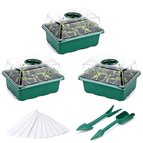 Fox·Bunny Propagator, 3 Pack Propagators for Plants,12-Cell Seed Trays with Lids,Indoor Gardening Kit for Seeds Planting (Green,10 White Labels, 2 Tools)