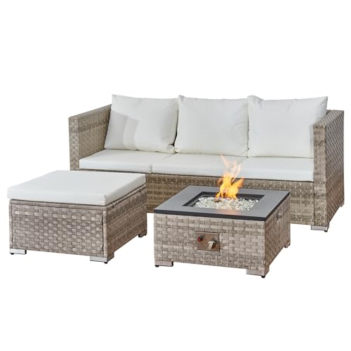 Aweather Rattan Garden Furniture Set with Fire Pit Table 3 Pieces Outdoor Sectional Sofa Set, CSA Certification, All Weather Wicker Patio Conversation Sets for Garden, Poolside, Backyard