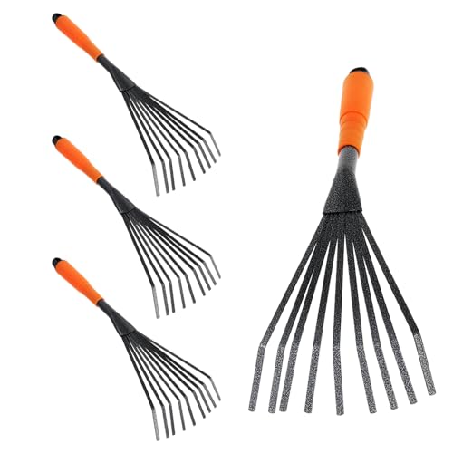 SINJEUN 4 PCS Mini Garden Rakes, 9 Claws A3 Steel Hand Leaf Rakes with Orange Black Handle, Fallen Leaves Rakes for Gardening