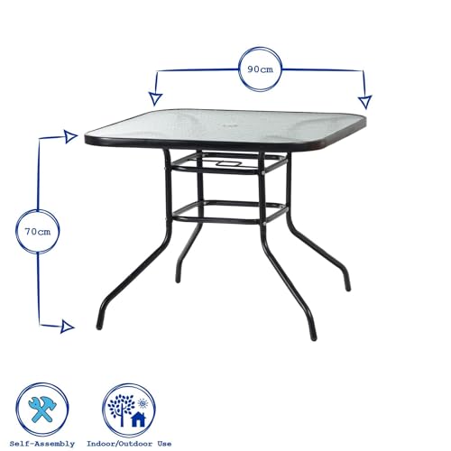 Harbour Housewares Glass Top Garden Table - Black Metal Frame Outdoor Furniture Garden Patio Furniture Modern Square Dining Table Bistro Tables for Outdoor Dining