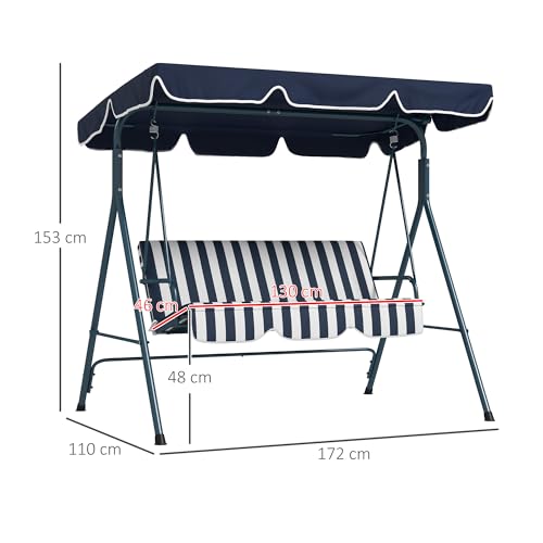 Outsunny 3 Seater Garden Swing Chair with Adjustable Tilting Canopy, Outdoor Hammock Bench with Steel Frame, Padded Seat for Patio Yard Outside, Blue
