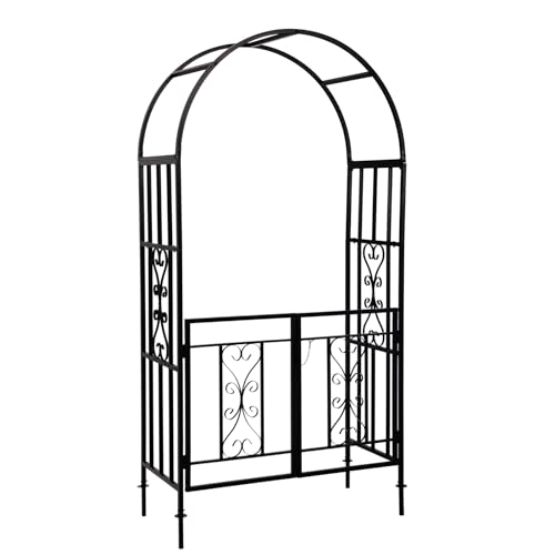 CyyKcc Black Garden Arbour Arch with Gate, Heavy Duty Metal Plant Climbing Arch Frame for Wedding, Party, Garden Pergola Arbor Trellis with Doors for Indoor, Outdoor