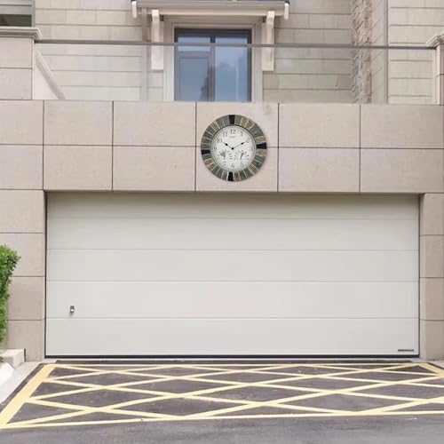 OCEST Heavy Duty Garden Clocks Outdoor Waterproof, 13inch Resin Large Wall Clock with Thermometer and Hygrometer Battery Operated Non Ticking Decorative for Patio Pool