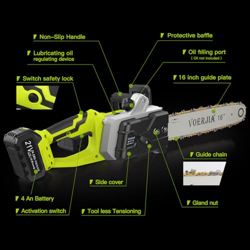 VOERJIA 16 Inch Brushless Cordless Chainsaw, Battery Chainsaw with 4 * 4000mAh Battery, 2200W Powerful Electric Chainsaws with Automatic Chain Lubricationr for Chopping logs and Cutting Trees
