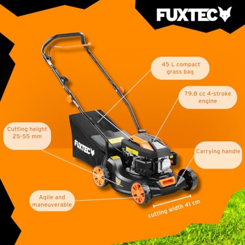 FUXTEC FX-RM4180 Petrol Lawnmower – Hand Push Lawn Mower -16" Cutting Width, Lightweight & Compact, 45L Grass Collector, Easy to Maneuver, Great for Small to Medium Lawns