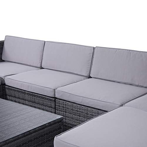 EVRE Nevada 6 Seater Outdoor Rattan Garden Furniture Set Wicker Weave Sofa Coffee Table Stool with Cushions For Patios Decks Conservatories Sectional Corner Conversation Piece (Grey)