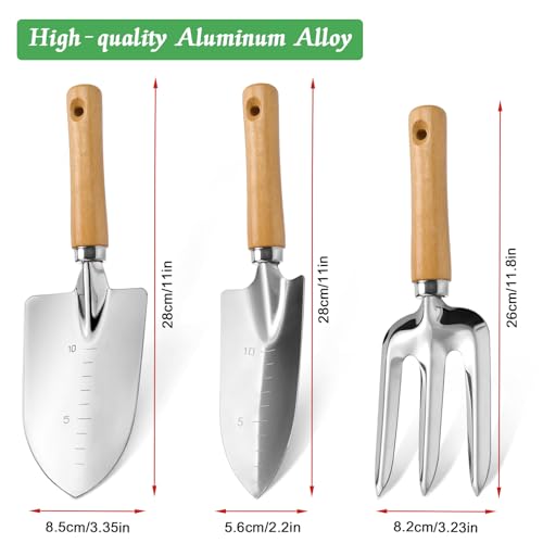 Garden Tool Set with Wood Handle, Aluminum Graduated Shovel, Hand Fork, Transplant Shovel with Scale, 3Pcs Heavy Duty Hand Tools Set for Garden Planting