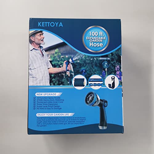 KETTOYA 100FT Expandable Garden Hose, Flexible Water Hose with 10-Pattern Spray Nozzle, Leak-proof Retractable Heavy Duty Hose Pipe, 4-layer Latex Core, Durable 3750D, Brass Alloy Connector, Kink-Free