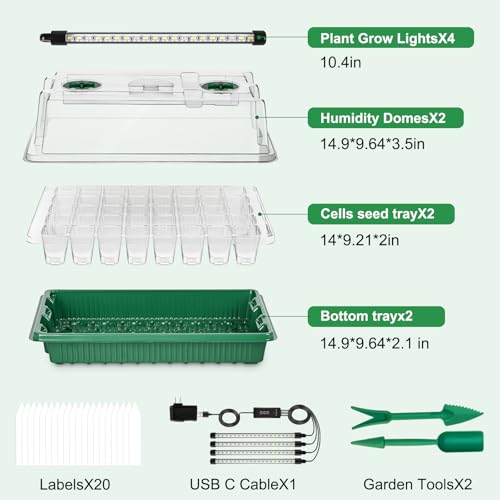 DOUUCO Seed Trays with Grow Light, 2 Pack 80 Cells Propagators Trays with Heightened Lids, Seedling Starter Growing Trays Adjustable Window 2 Meters Timing Controller for Greenhouse Gardens Green