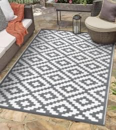 AH® Geometric Grey/White Outdoor Picnic Rug 4x6ft Reversible & Easy Clean Deck Patio Rug, Ant Slip, Stain/UV Resistant Foldable Portable Waterproof Woven Plastic Rug 120cm x 180cm with Keep Tidy Bag
