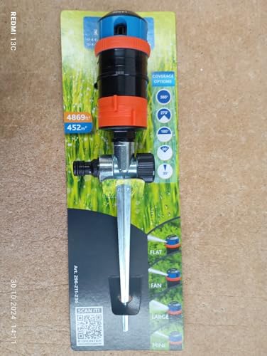 GRÜNTEK Circular Sprinkler on metal spike. Sector sprinkler lawn sprinkler settings 30 °- 360 ° for large surfaces and optimal garden irrigation. Covers up to 452 m².