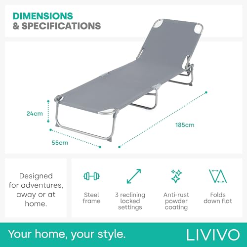 LIVIVO Foldable Sun Lounger with Adjustable Back and Leg Rests – Relax in Comfort and Style – Folding Lightweight Frame (Grey)
