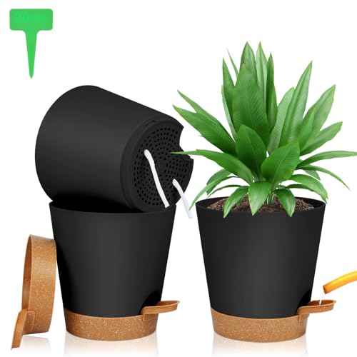 OFFCUP 16.5cm Self Watering Plant Pots, Black (3 Pack)