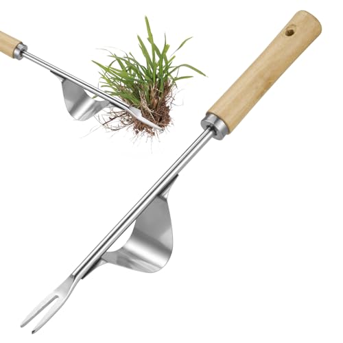 Zocipro Manual Weed Puller Tool, Hand Weed Remover Tool Garden Weed Puller with Wooden Handle, Stainless Steel Deep Root Weeder Tools Weed Picker Tool for Patio Lawn Garden Yard