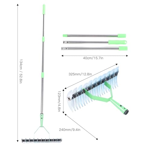 Stainless Steel Thatch Rake with Curved Steel Tines, Dethatcher Lawn Rake for Clearing Dead Grass, Ergonomic Handle, 3 Sections Rods, for Thatching, Fertilizing, Reseeding Tilling