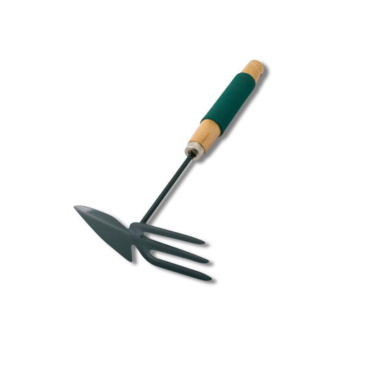 ARCUS Garden Hand Fork & Hoe - 2 in 1 Gardening Tool - Foam & Wooden Handle Ergonomic Grip - 3 Prong Rake Fork For Loosening Soil - Hand Hoe For Weeds, Planting, Cultivator - 30cm