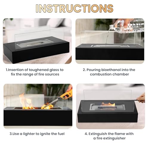 Table Top Fire Pit with Maker Kit,Portable Bioethanol Fireplace Indoor Outdoor, Rectangular Tabletop Fire Bowl Pot with Two-Sided Glass for Table Top Decor Home Patio Christmas Birthday Gifts