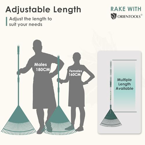 ORIENTOOLS Garden Leaf Rake, Adjustable Lightweight Steel Handle, Comfortable Grip Handle, Plastic Head，Poly Shrub Rake,26 Tines,110 to 168cm (Silver Handle)