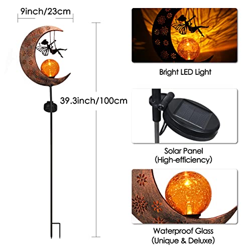 TERESA'S COLLECTIONS Fairy Garden Ornaments Outdoor, Large Fairy Swinging on the Moon Solar Lights for Garden Gifts, Solar Stake Lights with Crackle Glass Ball for Lawn Yard, Garden Path, 39inch