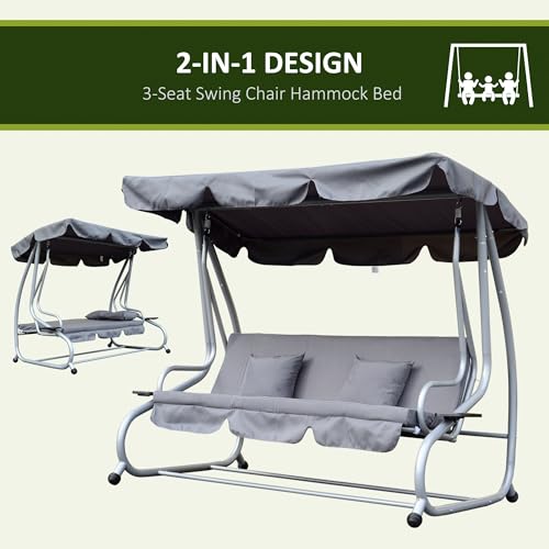 Outsunny 2-in-1 Garden Swing Seat Bed, 3 Seater Convertible Swing Chair Bench with Tilting Canopy, Cushioned Seat and 2 Pillows for Patio, Yard, Grey