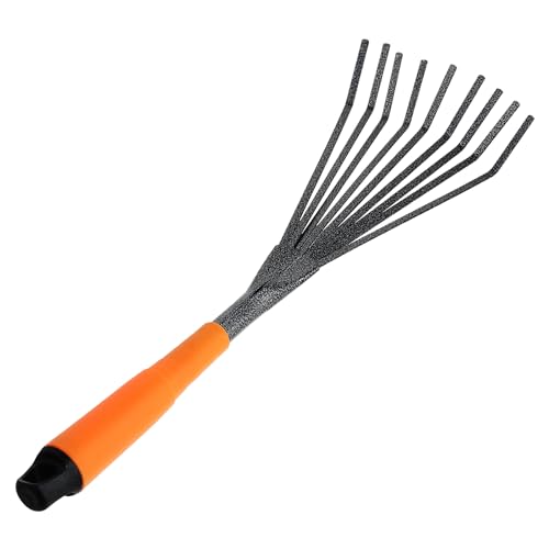 SINJEUN 4 PCS Mini Garden Rakes, 9 Claws A3 Steel Hand Leaf Rakes with Orange Black Handle, Fallen Leaves Rakes for Gardening