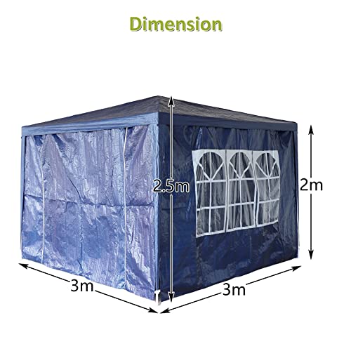 BIRCHTREE 3x3m Garden Steel Tube PE Gazebo With 4 Pieces Sidewalls Zippers 2 Windows Canopy Patio New Party Camping Wedding Tent Shade Waterproof Outdoor Marquee Awning Blue