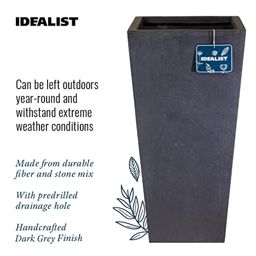 IDEALIST Set of 2 Small 50.5cm Tall Planter for Garden | Dark Grey Reinforced Stone Tapered Square Planter | Outdoor Pots with Drainage Holes L24.5 W24.5 H50.5 cm, 18 litres