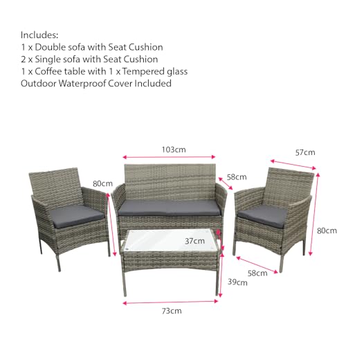 COZYBRITE Rattan Garden Furniture Sofa Set with Cover Coffee Table Chairs 4 Seater for Outdoor Patio Balcony 6210-B (Mixed Grey-Dark Grey Cushions)
