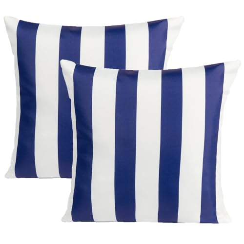 OHS Outdoor Cushions Stripe 45 x 45, Water Resistant Garden Furniture Cushions Sofa Cushion Covers for Inners Super Soft Comfy Decorative, Navy/White Pack of 2