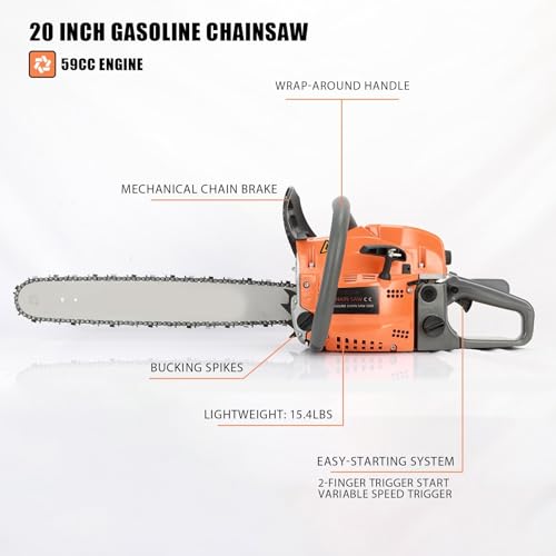 58cc Petrol Chainsaw, High Power 20" Gas Chainsaw with Fast Cutting and Labor-Saving Design, Handheld Logging Machine, Gas Powered Wood Cutting Chain Saw for Tree Pruning Garden Orange