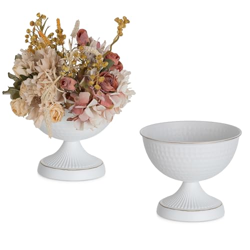 Sziqiqi White Urn Vase for Wedding: 15 cm High Metal Vases for Table Centrepiece Set of 2 Small Vintage Flower Arrangement Pots Elegant Hammered Vase for Party Birthday Christmas Decor