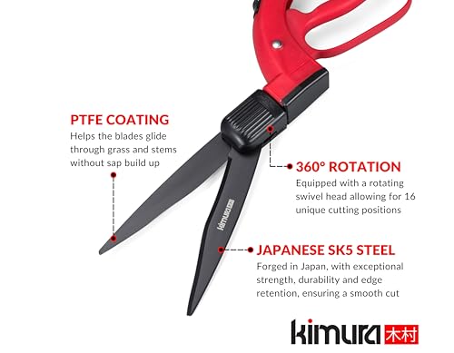 Kimura® Pro Grass Shears - Premium Lawn Shears with 360° Rotating Head, Japanese SK5 Steel Blades, Lightweight, Ergonomic TPR Coated Handles, Ideal Garden Shears for Edging and Trimming - 370mm