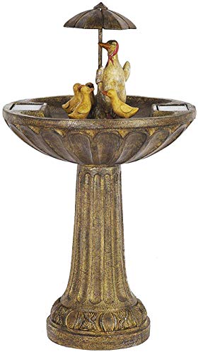 Garden Mile Novelty Duck Family Water Fountain with Umbrella - Solar Powered Freestanding Stone Bird Bath Water Feature - Garden Ornament Outdoor Decorative Centrepiece for Pond, Patio and Lawn Decor