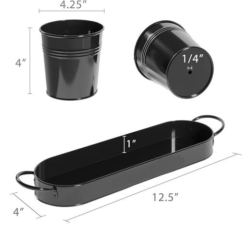 BSTMOME Herb Pot Planter Set with Tray for Indoor Garden Outdoor Use, Decorative Metal Succulent Pots Windowsill Planter Pots Flower Pots for Kitchen Grow (Black)