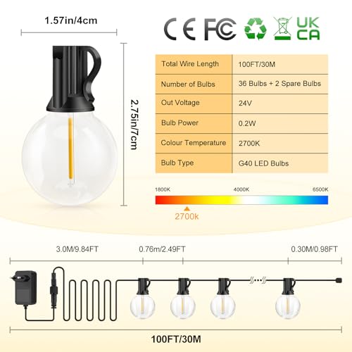 Outdoor String Lights Mains Powered - G40 Garden Festoon Lights 100FT/30M Dimmable with Remote Control Shatterproof LED Bulbs 3 Modes & 2 Timer Settings Waterproof for Outdoor Patio Gazebo Pergola