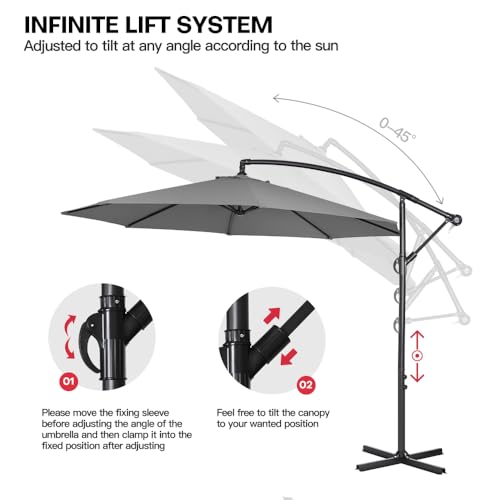 Panana 3M Garden Cantilever Parasol Outdoor Banana Hanging Umbrella 8 Sturdy Ribs with Crank Mechanism Sun Shade Canopy for Poolside, Deck, Patio and Balcony Dark Grey