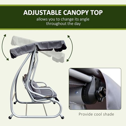 Outsunny 2-in-1 Garden Swing Seat Bed, 3 Seater Convertible Swing Chair Bench with Tilting Canopy, Cushioned Seat and 2 Pillows for Patio, Yard, Grey