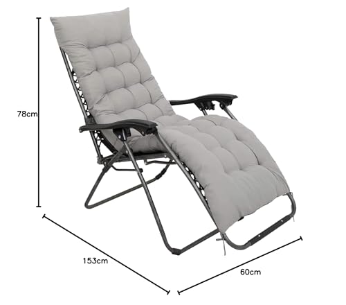 XEO HOME 2pcs Sun Lounger Chairs with Cushions Padded Set of 2 Zero Gravity Reclining Foldable Chair Portable Garden Camping Thick Comfortable Non-Slip Relaxer (Black With Beige Grey Cushions)