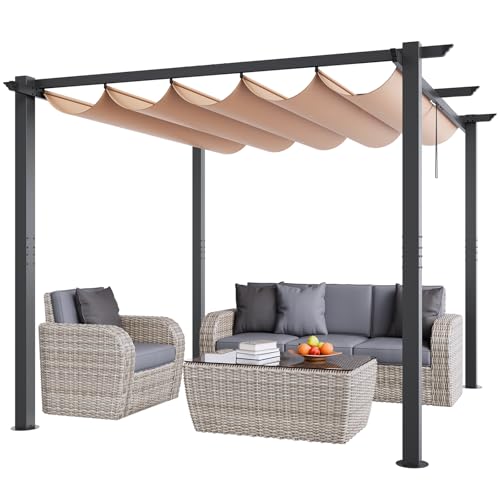 VEVOR 10'x10' Outdoor Retractable Pergola with Canopy, Aluminum Pergola with Retractable Canopy, Modern Style, Sun Shade for Patios, Gardens, Decks, Backyards (Beige)