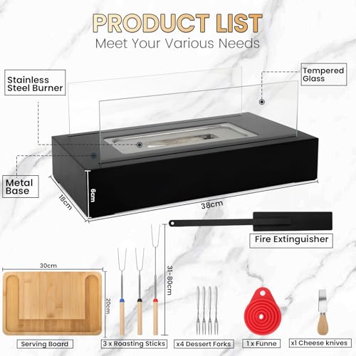 Table Top Fire Pit with Maker Kit,Portable Bioethanol Fireplace Indoor Outdoor, Rectangular Tabletop Fire Bowl Pot with Two-Sided Glass for Table Top Decor Home Patio Christmas Birthday Gifts