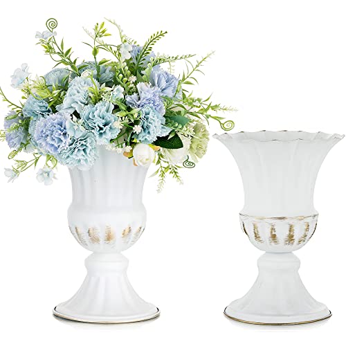 Sziqiqi White Metal Vase for Flowers - 2Pcs Small Vintage Flower Arrangement Pots for Wedding Table Centerpiece, Trumpet Planter Urn for Indoor Outdoor Garden Home Farmhouse Decoration, 23cm
