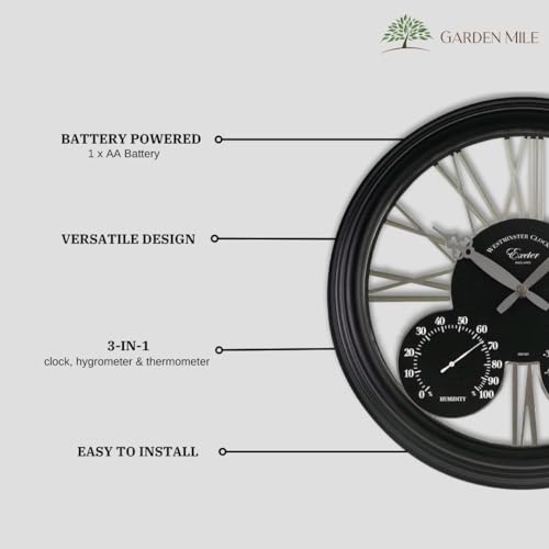 Homezone Large Black garden clock with thermometer and barometer - Battery Power Operated Quartz Waterproof Weatherproof Garden Clock - Black Indoor or Outdoor Weather Station for Garden Patio