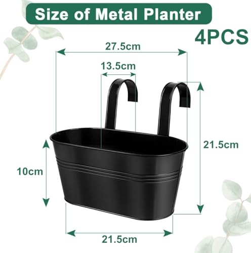 LATERN 4Pcs Metal Hanging Flower Pots, 27.5cm Large Plant Pots Hanging Flower Bucket with Detachable Hook for Balcony Fence Garden Home Decor (Black)