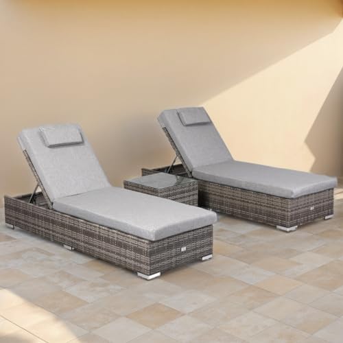Rattan park Pair Sun Loungers with Side Table (Stone Browne Grey)