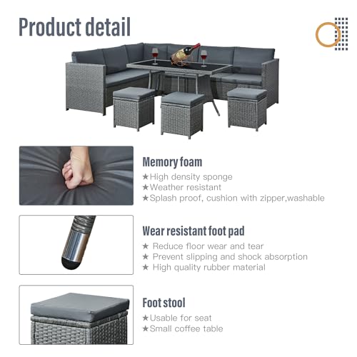 Aweather 9 seater Rattan Corner Sofa Set Rattan Garden Furniture Set All-Weather Patio Conversation Set with Modern Dinning Table and Washable Cushions (Gray)