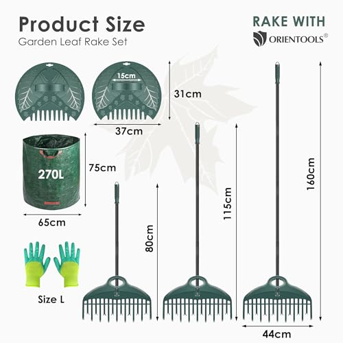 ORIENTOOLS Garden Rake Set, with Lightweight Dual-Tine Rake 160 cm, Leaf Scoop, Gloves, and Garden Bag, for Lawn Care and Leaf Cleanup